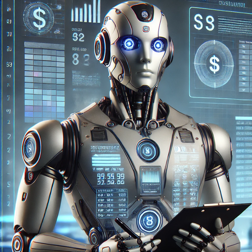 DALL·E 2024-08-12 12.05.21 - A detailed image of a futuristic robot tax collector. The robot has a sleek, metallic design with a humanoid shape, featuring digital displays on its